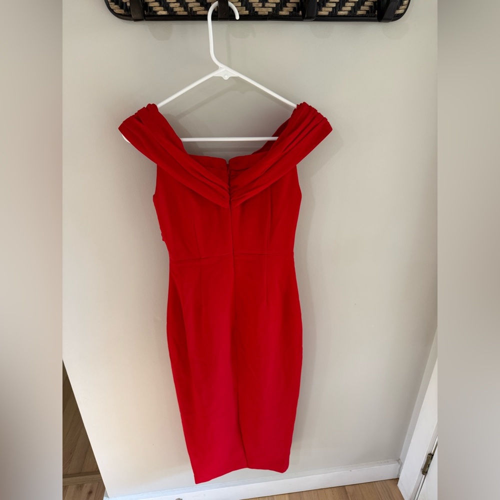 Self-Portrait Off Shoulder Ruched Sheath Midi Dress - Red - Size 0 - Picture 9 of 12